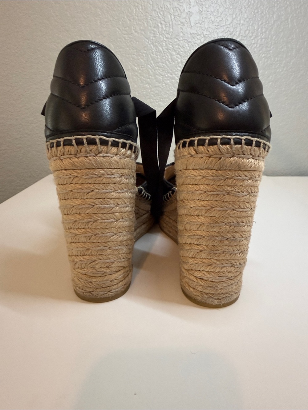 Gucci Black Leather GG Espadrille Wedges with Ribbon Ties - Picture 6 of 14